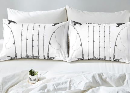 Erosebridal Fishhook Duvet Cover Set Full Size Fishing Bedding Set Fish Hook Equipment Pattern Comforter Set,Boys Modern Quilt Cover for Girls Teen Adult Luxury Microfiber Bed Decorative White Gray