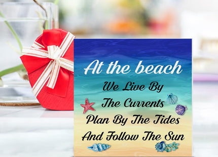 Summer Beach Decor Seashell Wood Block Sign Summer Decorations for Home Desk Table Shelf 5 x 5 Inches