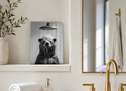 Black and White Bear Bathroom Wall Art, Funny Framed Canvas Decor