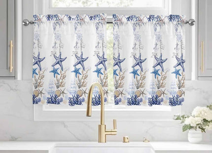 Ocean Beach Starfish Kitchen Curtain 24 Inch Length Small Short Cafe Tiers Drape, Blue Coastal Coral Shell Nautical Boat Window Treatment Rod Pocket Bathroom Bedroom Drapery Panels Curtains, 55x24