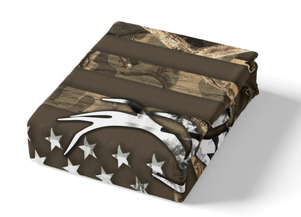 Rustic Wild Deer Fitted Sheet,Deer Antlers Animal Hunting Cabin Decor Bedding Set for Teens Men,Brown Camo Stripes Stars American Flag All-Round Deep Pocket Bed Sheet, Full Size (No Top Sheet)