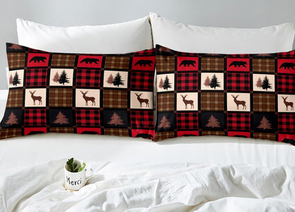 Erosebridal Rustic Deer Bed Sheets for Kids Teens Adult,Deer Patchwork Sheet Set Twin,Retro Burgurdy Buffalo Plaid Check Bedding Set,Hungting Animal Wildlife Fitted Sheet + Flat Sheet + 1 Pillowcase