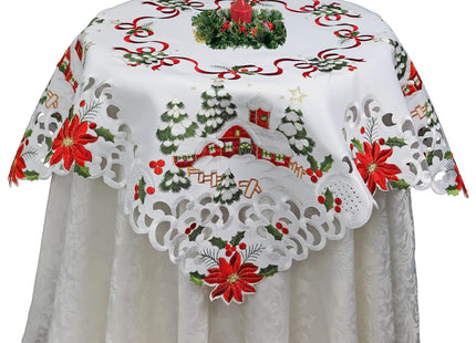 Creative Linens Holiday Christmas Tablecloth 33" Square Embroidered Red Poinsettia Christmas Tree Snowy Cabin Table Topper White