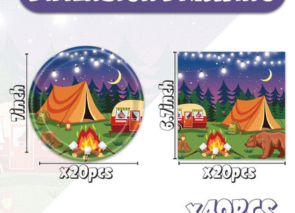 Frypeas 40pcs Camping Party Supplies Campfire Hiking Camper Theme Birthday Paper Plates and Napkins Set for Boys Kids Campfire Barbecue Birthday Party