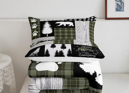 Woodland Bedding Set Hunting Bear Wolf Green Buffalo Plaid Patchwork Comforter Set King Rustic Cabin Decor,Girls Boys Wildlife Animals Down Comforter for RV Camper,Footprint Pine Tree Duvet Insert