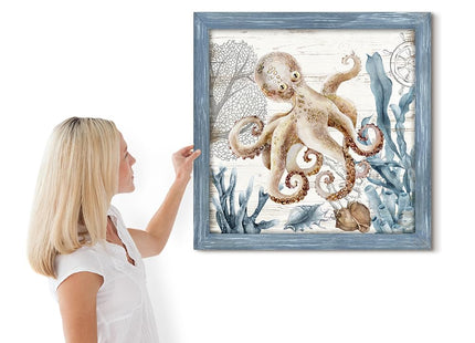 Ocean Octopus Wall Art Framed Decor, Sea Picture for Bedroom, 24x24 Inch