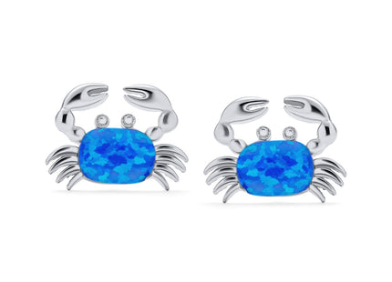 Blue Opal Delicate Nautical Created Crab Stud Earrings .925 Sterling Silver