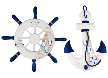Meching 2 Pack 13" Nautical Beach Wooden Ship Wheel and 13" Wood Anchor with Rope Nautical Boat Steering Wheel Rudder Anchor Wall Decor Door Hanging Ornaments Beach Theme Home Wall Decoration