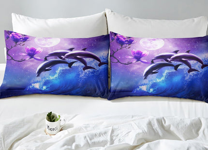 Galaxy Dolphin Sheet Set Twin Size Coastal Ocean Waves Bedding Purple Cherry Blossoms Sea Animal Bed Sheets For Kids Boys Girls Teens Moon Sky Starry Fitted Sheet + Flat Sheet + 1 Pillow Case Blue