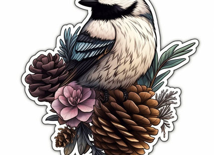 Yoonek Graphics Maine Black-Capped Chickadee Bird White Pine Cone and Tassel Flower Vinyl Decal Sticker for Car, Laptop, Tumbler, More. #008663-8