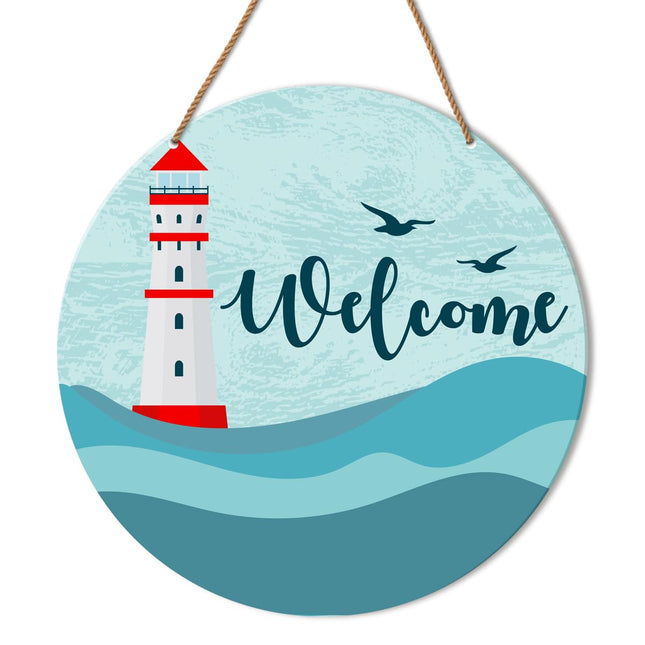 HSNBT Beach Welcome Sign for Front Door, Summer Beach Welcome Sign Decor for Home Door Coastal House Front Porch Sea Lighthouse Wall Decorations Wooden Hanging Sign