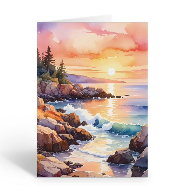 Stonehouse Collection Acadia National Park Note Card, Maine Coastal Sunset Single Note Card with Envelope, Blank Inside, Scenic Ocean Landscape Greeting Card - Made in USA (Maine)