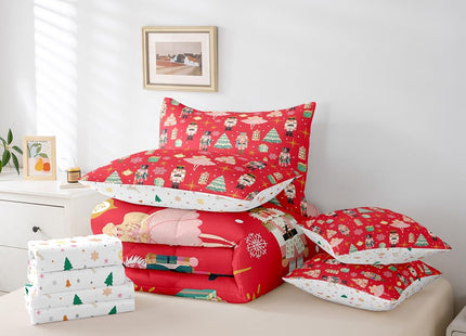 Erosebridal 7Pcs Red Christmas Comforter Set Twin Size,Christmas Nutcracker Bedding Set,Girly Dreamy Princess Bed in A Bag,Xmas Pine Tree Snowflake Quilt with Flat Fitted Sheet,Red