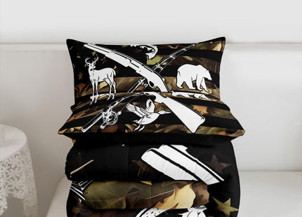 Hunting And Fishing Comforter Set Wildlife Fish Duck Deer Bear Twin Comforter For Boys Men,Camo American Flag Bedding Set Rustic Trees Leaves Camouflage Quilt Duvet Insert With 1 Pillow Case