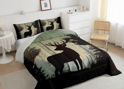 Castle Fairy Deer Hunting Comforter Set King Size,Rustic Farmhouse Wooden Bedding Set 3pcs for Kids Teens Adults Room Decor,Pine Botanical Animals Silhouette Quilted Duvet Retro Brown Bedspread