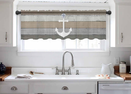 Pinroote Beige Gray Ombre Wood Sheer Valance, 54"x18" Light Filtering Kitchen Curtain Valances, Beach Nautical Anchor Ocean Coastal Chiffon Rod Pocket Living Room/Bedroom/Cafe Curtains