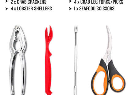 4-Person Seafood Tools Set includes 2 Crab Crackers, 4 Lobster Shellers, 4 Crab Leg Forks/Picks and 1 Seafood Scissors - Nut Cracker Set