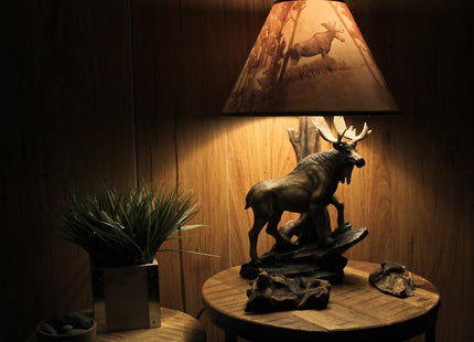 North American Bull Moose Table Lamp with a 12-Inch Diameter Forest Print Shade- Wildlife Decor - Perfect for Living Rooms, Cabins, and Bedrooms - 20 Inches Tall