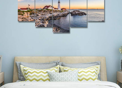 Portland Maine Bay Lighthouse Pictures for Living Room Native American Wall Art House Decorations 5 Panel Canvas, Morning Skyline Painting Home Decor Modern Artwork Framed Ready to Hang(60"Wx32"H)