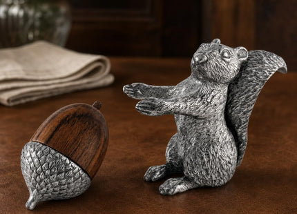 Vagabond House Pewter Squirrel with Wood Acorn Salt and Pepper Shaker Set Fall Harvest Tableware 3 inch Tall
