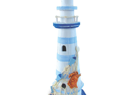 COTA Global Light Blue Stripes Lighthouse Decor - Handmade and Crafted Wooden Lighthouse Decoration with Crab, Decorative Beach Style Tabletop Centerpiece – 12.25 Inches