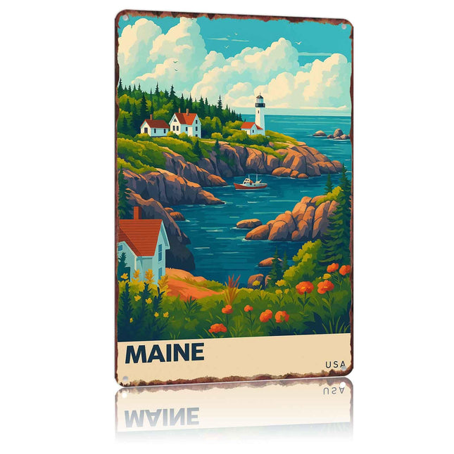 Vintage Maine Usa Coastal Landscape Metal Sign Wall Decor 8x12 Inch