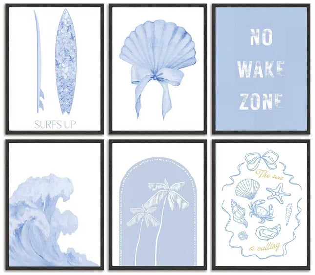 6pcs Blue Coastal Beach Canvas Wall Art Coastal Granddaughter Bow Shells Posters Prints Paintings Summer Surfing Wall Decor Pictures for Living Room Bedroom Bathroom Dorm Home Decoration Unframed