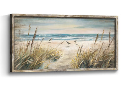 Beach Framed Wooden Wall Art: Ocean Seagull Painting Coastal Sea Bird Scenery Print Picture Rustic Seaside Seascape Artwork Decor for Bedroom Living Room Office