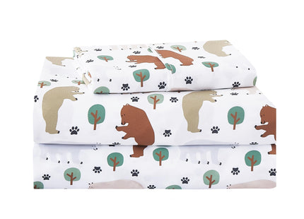 lasoftan Kids Sheet Set Twin Size, Twin Sheet Set with Forest Bear Pattern，Breathable Silky Soft Microfiber Kids Fitted Sheet