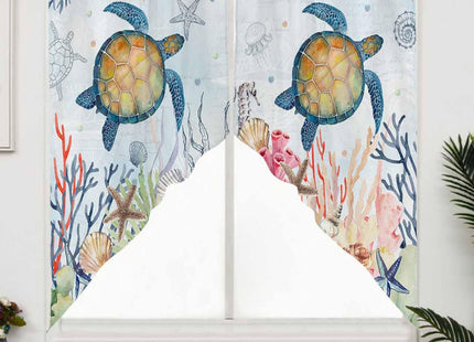 Lsrtoss Sea Turtle Swag Valances for Windows 2 Pack, Kitchen Window Curtains 36 Inch Length, Summer Beach Coastal Nautical Ocean Coral Swag Curtains for Living Room/Bathroom with Rod Pocket 36"x36"