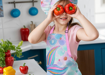SANDJEST Mermaid Kid Apron for Girls with Pocket & Chef Hat, Polyester Baking Painting Gardening Apron, Gift for Christmas Birthday