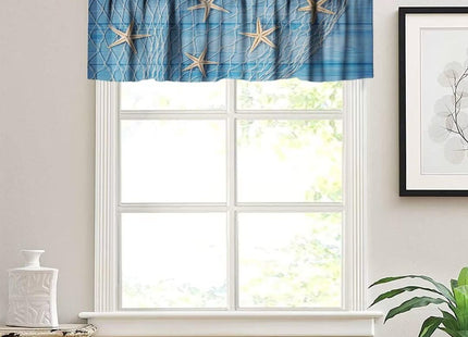 JanJCurt Starfish Seashells Window Valance, Ocean Nautical Rustic Retro Blue Wooden Board Starfish Fishing Net Blackout Valance Curtain for Living Room Kitchen Cafe, 54x18in