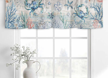 Rullikatlyi Blue Coastal Crab Curtain Valances for Windows, Summer Beach Kitchen Valance Window Treatments Panel 2 Pack, Nautical Starfish Rod Pocket Short Curtains for Bathroom Bedroom 54 x 18 Inch