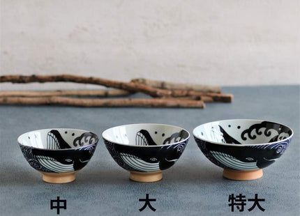 Minorutouki Rice Bowl Extra Large White Wave Whale Blue φ5.8×H2.6in 7.76oz Made in Japan