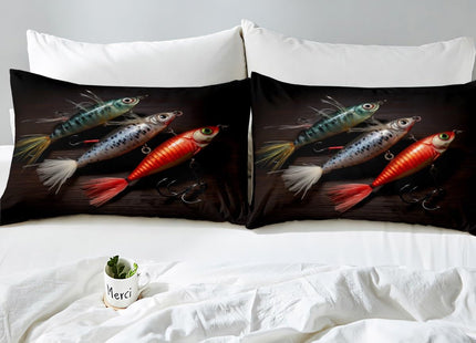 Lure Fishing Duvet Cover Set Full Size,Rustic Farmhouse Brown Wooden Comforter Cover with 2 Pillowcases,3D Fishhook for Fishing Lovers Breathable Bedspread for Boys Teens,Pillow Sham