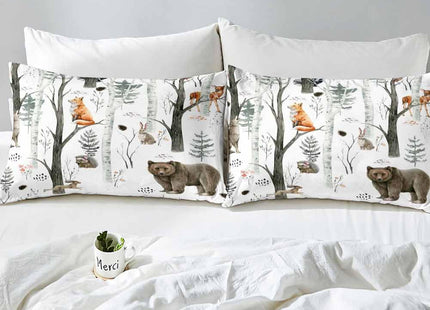 LUVIVIHOME 4PCS Woodland Animals Sheets Set, Queen Bed Sheets, White Sheets, Boys Girls Kids Bedding, Bear Deer Fox Forest Animal Lodge Cabin Bedding Set, 1 Fitted Sheet & 1 Flat Sheet & 2 Pillowcases