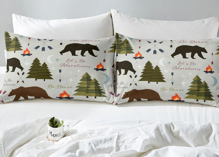 Happy Camping Fitted Sheet Twin Size Hunt Bear Pine Trees Bedding Set for Kids Boys Men Adults Cabin Room Decor Campfire Arrow Cartoon Bed Sheet Wild Outdoor Adventure Deep Pocket Sheet 2pcs