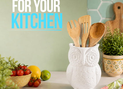 Comfify White Owl Utensil Holder – Decorative Ceramic Kitchen Crock
