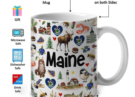 Lotacy Maine Symbols Colorful Coffee Mug, 11 oz, Maine Souvenirs And Gifts For Men, Women