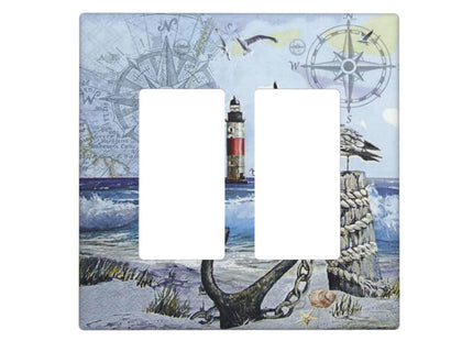 Spshian Outlet Covers Sea Ocean Sand Coast Compass Ship Lighthouse Anchor 2 Gang Wall Plate Double Rocker Light Switch Cover Decorative GFCI Receptacle Cover Electrical Switchplate for Bathroom Decor
