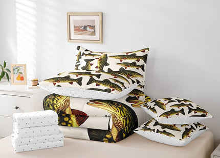 Feelyou Pike Fish Comforter Set 7 Pieces Twin Size Fishing and Hunting Bedding Set for Kids Boys Girls Rustic Cabin Country Bed in a Bag with Comforter + Sheets + Pillowcases + Cushion Covers