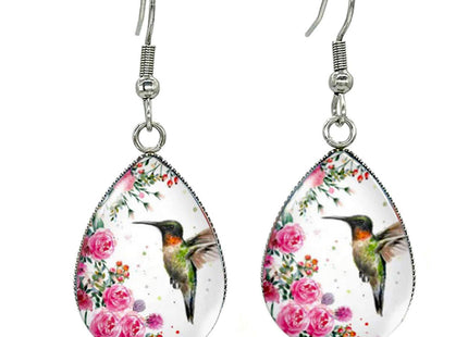 Earrings/Hummingbird Tear drop Earring Glass Dome Photo Jewelry Bird Art Earrings (Roses and Hummingbird)