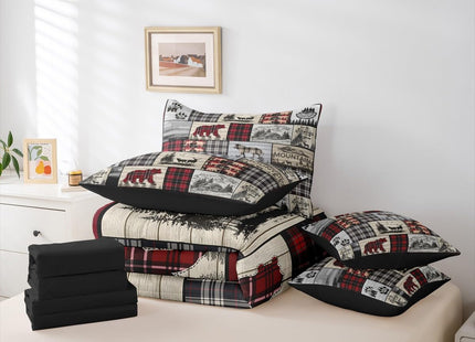 Erosebridal Rustic Cabin King Comforter Set 7 Piece Red Black Farmhouse Buffalo Plaid Bedding Sets Hunting Wolf Bear Deer Bed in A Bag with Sheets Country Wildlife Animal Theme Bed Sets Lodge Decor