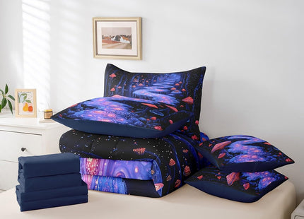 Erosebridal Mushroom 7 Pcs Comforter Set Queen Size,Dreamy Woodland Bed in a Bag with Flat Sheet and Fitted Sheet for Kids Teens Adult,Glitter Red Teal Bedding Set with Pillowcase and Sham Reversible