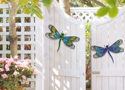 HONGLAND 2Pcs Metal Dragonfly Wall Decor Outdoor Dragonfly Wall Art Glass Sculpture for Home Garden Fence-Blue&Green