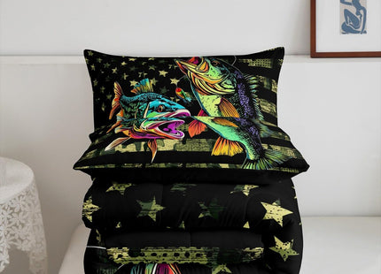 Bass Fish Camouflage Comforter Set Queen Pike Fish Camo Bedding Set for Women Men Room Kids Farmhouse Fishing Decor Comforter Fishman Wild Quilt Set Down Comforter Green Black