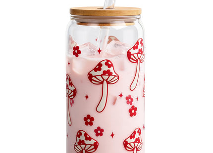 Coquette Cute Glass Cup with Lids and Straws 18OZ Mushroom Iced Coffee Cup