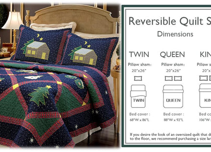 Holiday Christmas 3-Piece King Patchwork Quilt Bedding Set, Silent Night Winter Starry Sky Cabin, Soft Lightweight Coverlet Bedspread