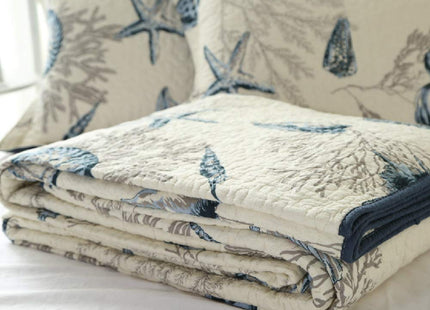 ABREEZE Nautical Theme Quilt Set with Shams Cotton Beach Bedspreads King Coastal Navy Coverlet, Sea Shell Conch Coral Starfish Oversized Quilt