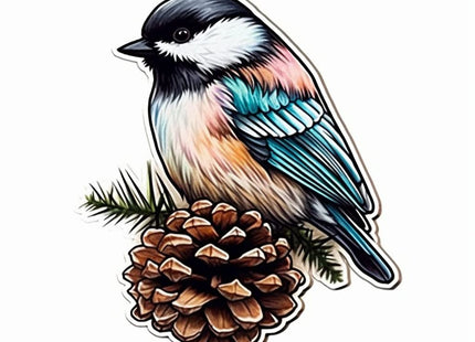Yoonek Graphics Maine Black-Capped Chickadee Bird White Pine Cone and Tassel Flower Vinyl Decal Sticker for Car, Laptop, Tumbler, More. #008672-8